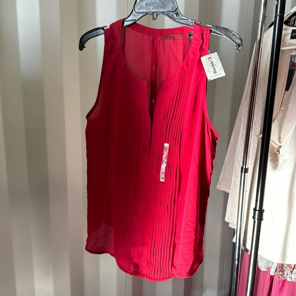 BKA red chiffon tank split Neck